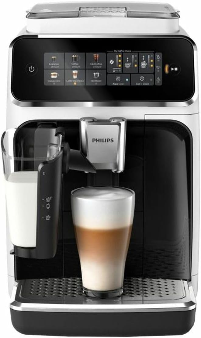 PHILIPS 3300 Series Kaffeevollautomat - 6 Getränke, Modernes Farb-Touchscreen-Display, LatteGo-Milchsystem, SilentBrew, 100% Keramikmahlwerk, AquaClean Filter, 1,8L Wassertank, Weiß (EP3343/50)
