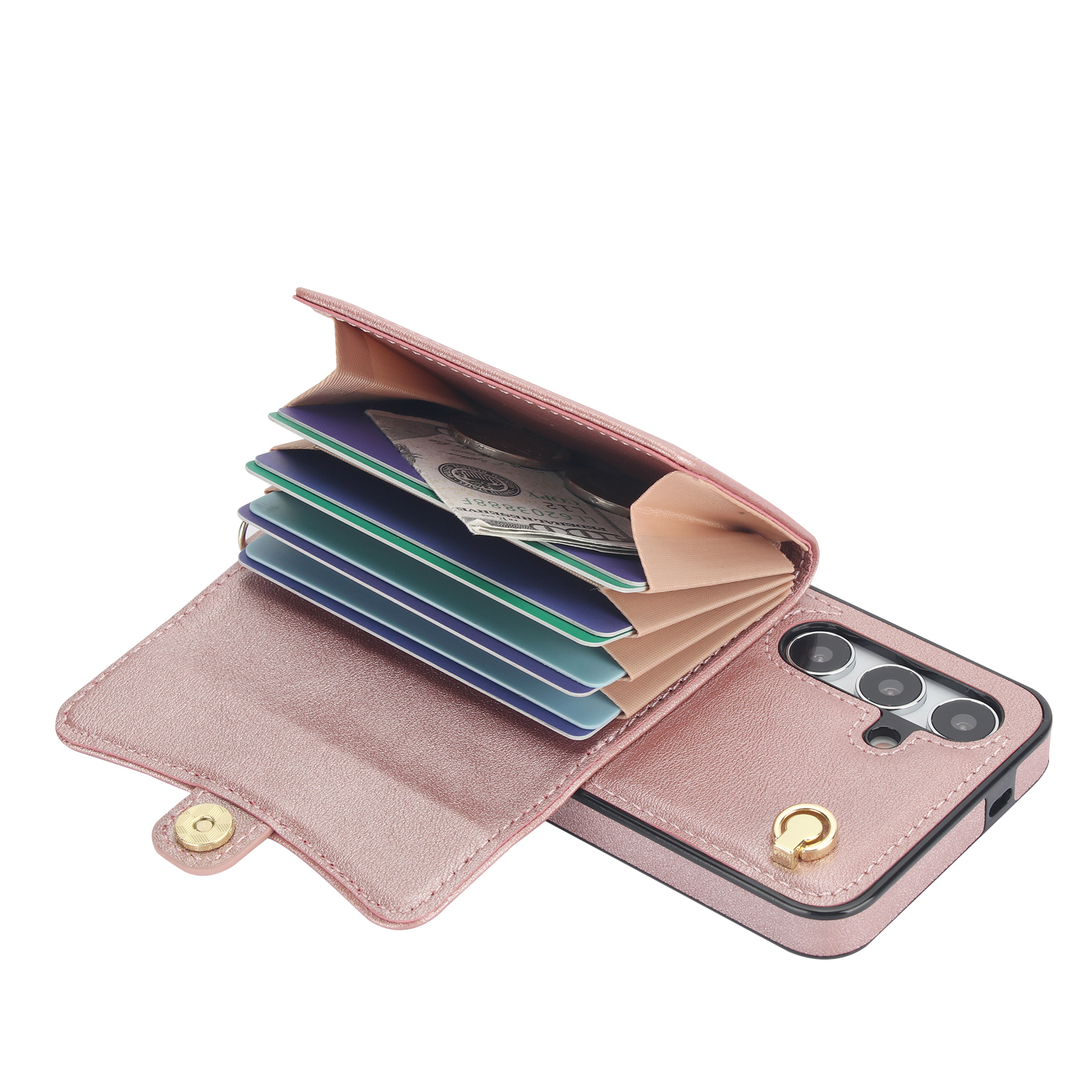 Samsung Galaxy S24 Necklace Leder Schutz Hülle mit Kartenfach   Handykette (140cm) - Roségold