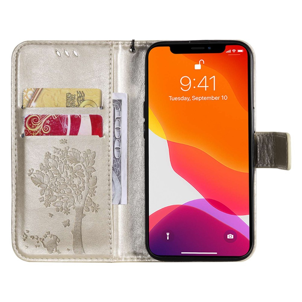 iPhone 14 Leder Tasche Flip Cover Baum Imprint - Gold