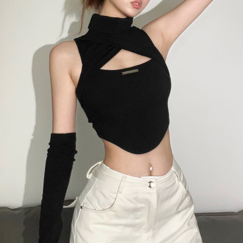 Sugarcoat - Set: Halter-hals cutout effen crop top + mouwen