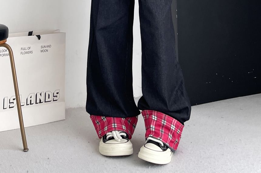 Kenning - Lage taille geruite broek met wijde pijpen
