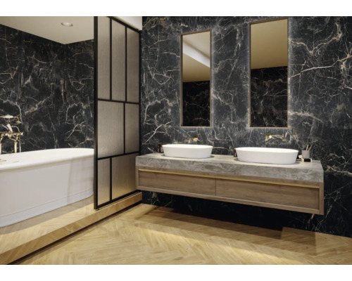 Porseleinen wand- en vloertegel Marquina 119,7 x 59,7 x 0,8 cm goud gepolijst gerectificeerd