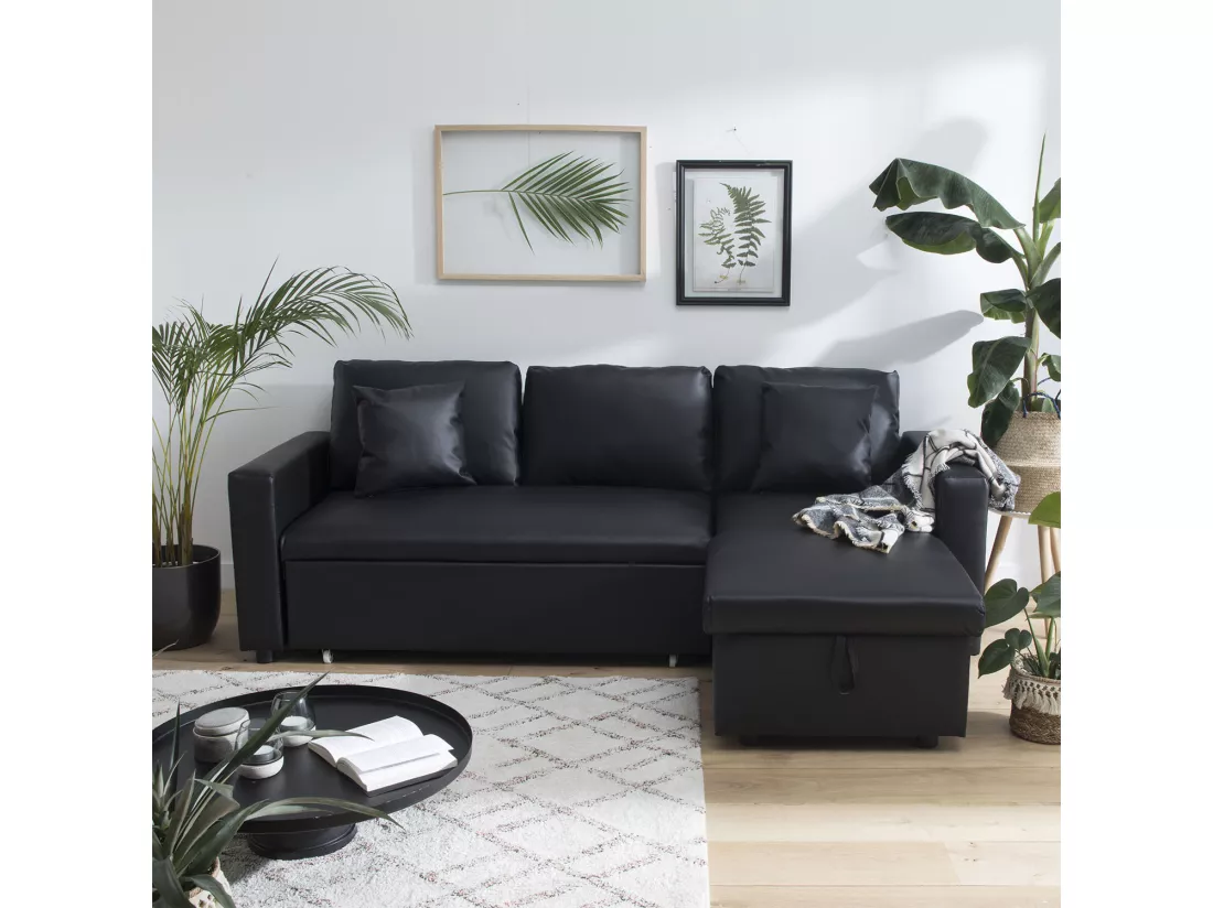 Canapé d'angle convertible simili CLARK 3 places noir - HAPPY GARDEN