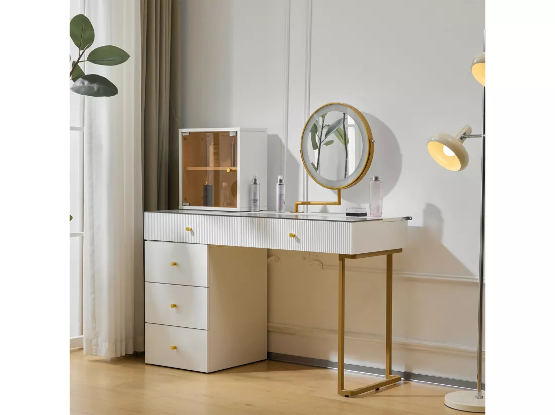 Coiffeuse avec miroir, 5 tiroirs et une porte en verre - 120 x 45 x 115 cm - Panneau de particules - LEDs - Blanc (sans tabouret)