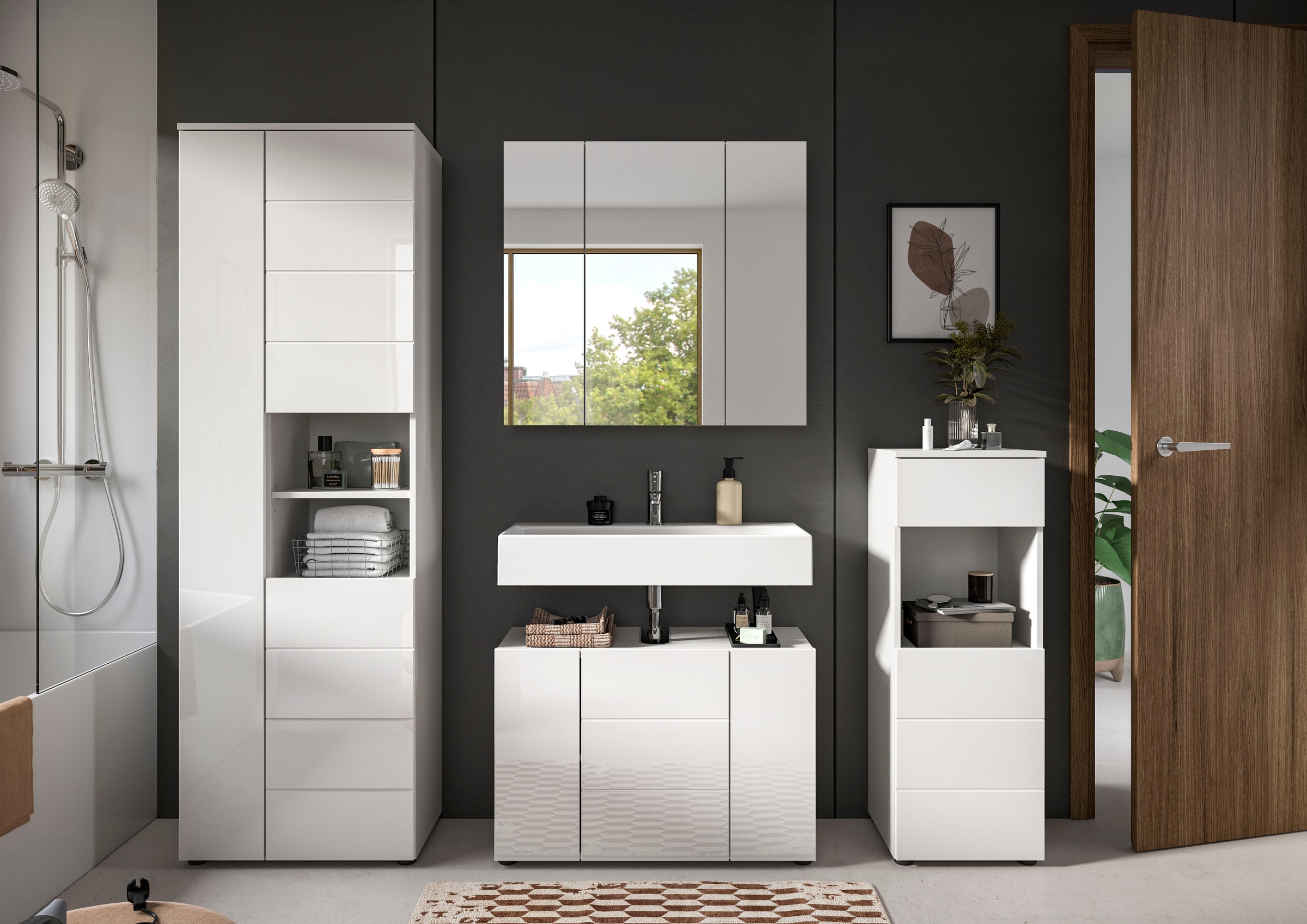 welltime Badmöbel-Set »Biel, Höhe 190 cm, Hochschrank, Unterschrank, Spiegel, Standschrank« 4 Stk. tlg.