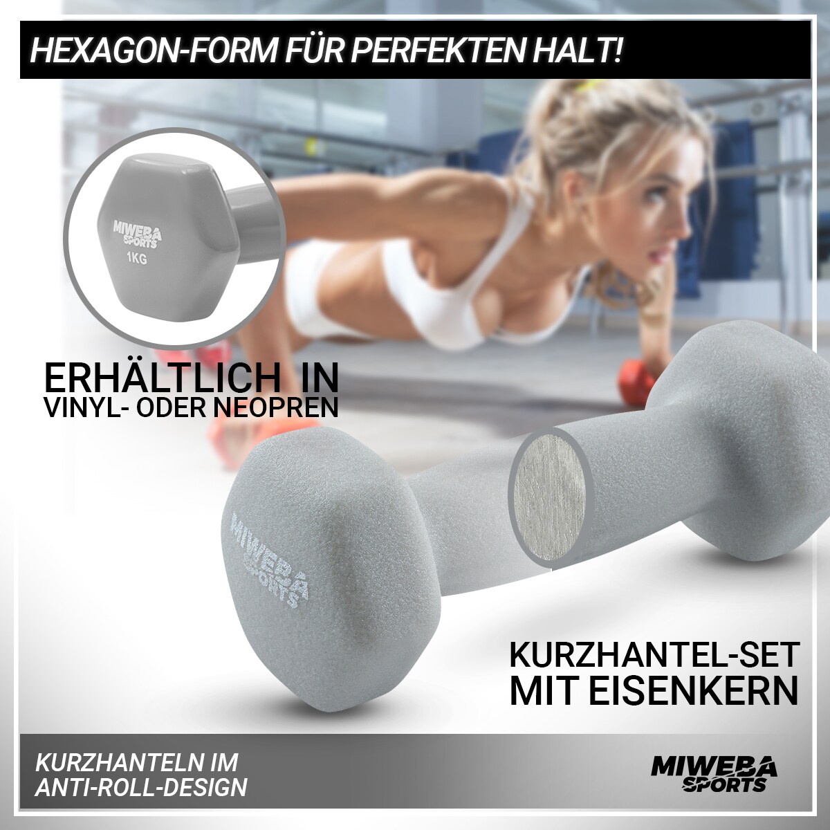 Miweba Sports Gymnastikhantel-Set NKH120, 1-3 kg, Neopren/Vinyl, Eisenkern, rutschfest, Hantelablage (Grün, Türkis, Grau, Neopren)