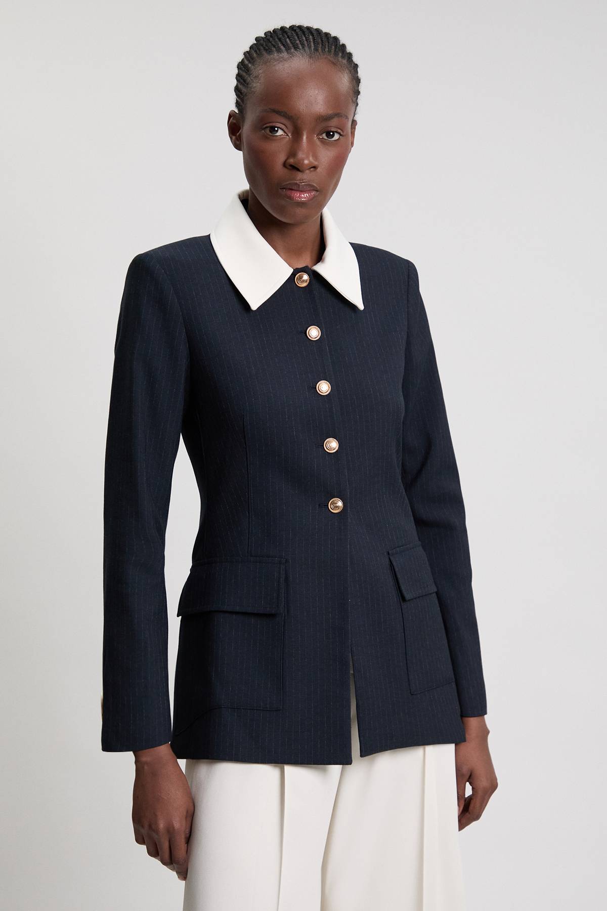 KarenMillen Veste Cintrée À Rayures Tennis Col Montant Simple Boutonnage