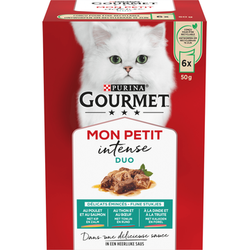 PURINA® Gourmet® Mon Petit Intense DUO Fijne stukjes met Kip en Zalm, met Tonijn en Rund, met Kalkoen en Forel 6x50g natvoer