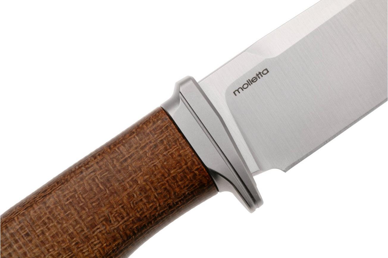 LionSteel Acha AH BLN Satin M390, Natural Burlap Micarta, Titanium Guard, vaststaand mes