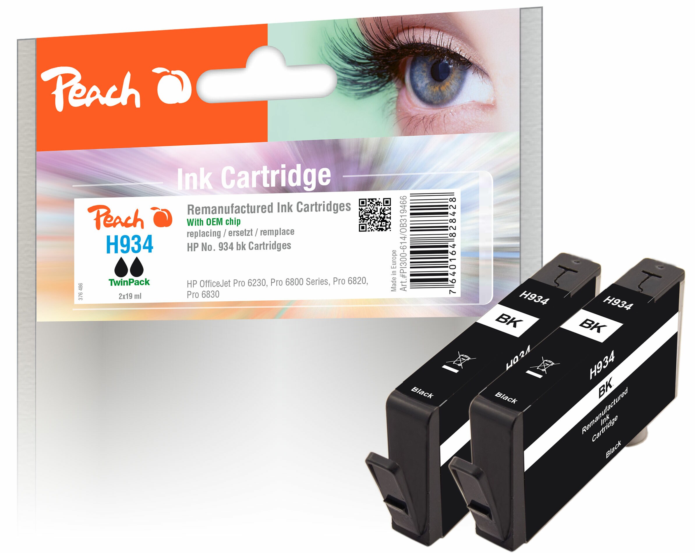 Peach HP 934 bk 2Druckerpatrone 2*bk ersetzt HP No. 934 bk*2, C2P19A*2 für z.B. HP OfficeJet Pro 6230, HP OfficeJet Pro 6830, HP OfficeJet 6815 (wiederaufbereitet)