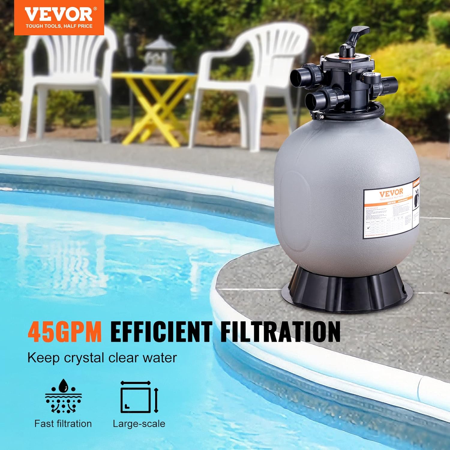 VEVOR Filtre à sable 482,6 mm système de filtre à sable pour piscine hors sol avec valve multi-ports 7 voies débit 45 GPM fonction filtre, lavage contre-courant, rinçage, recirculation, déchets, hiver