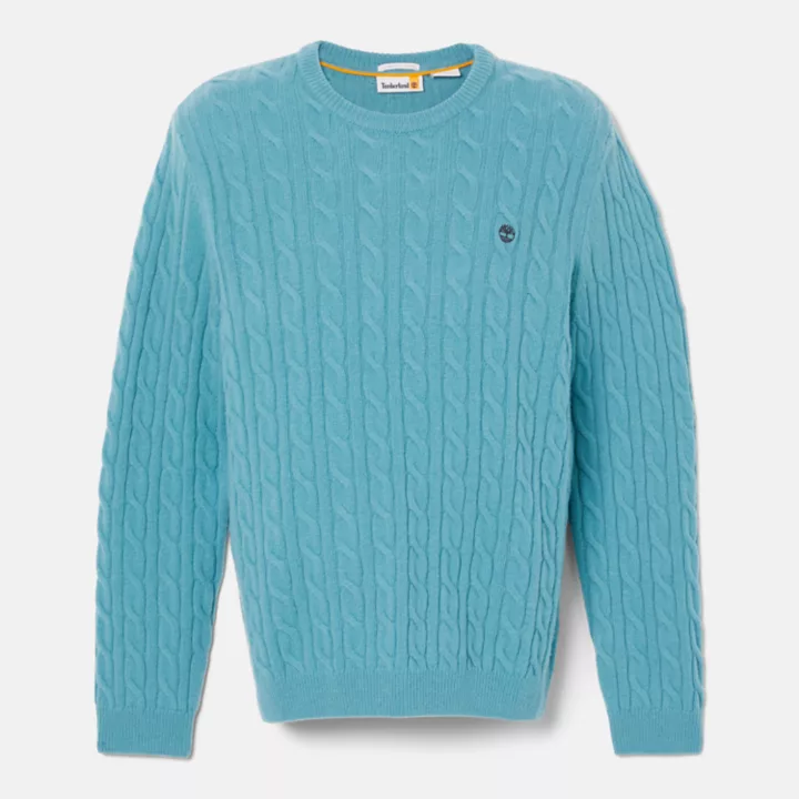 Suéter masculino Phillips Brook com gola redonda em tricô trançado na cor azul.