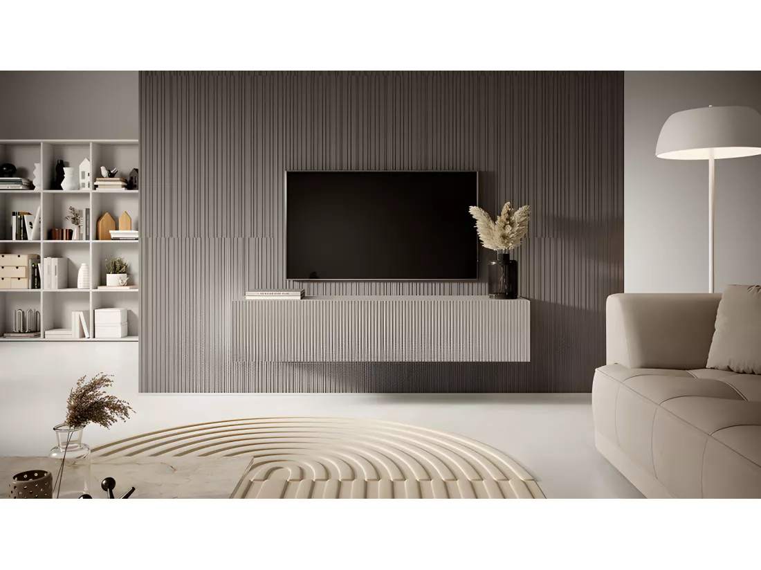 Meuble TV -140 cm - couleur gris-beige avec façade fraisée - VELDIO