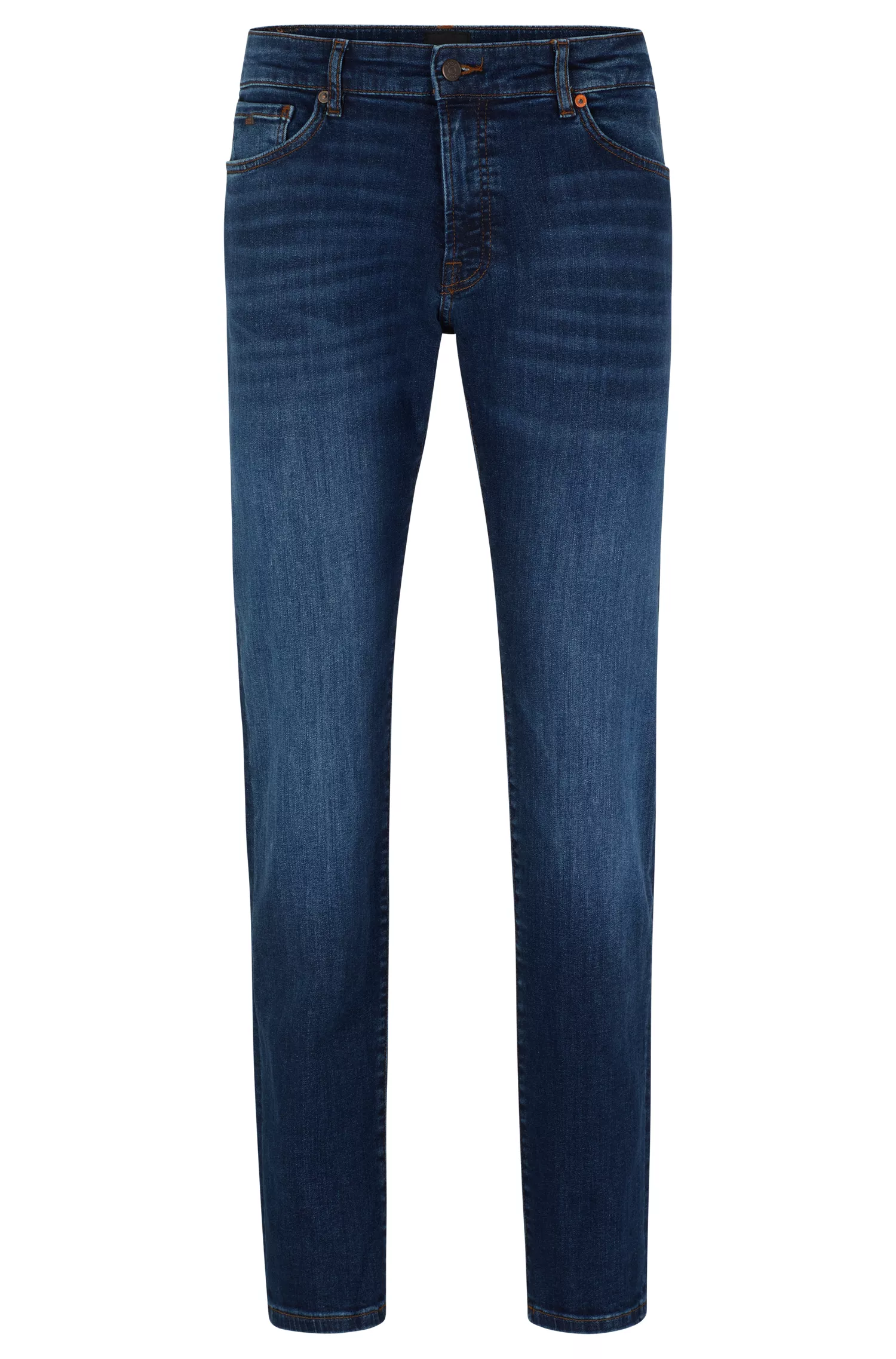 Calça jeans BOSS laranja, corte regular, em denim superelástico azul-escuro.