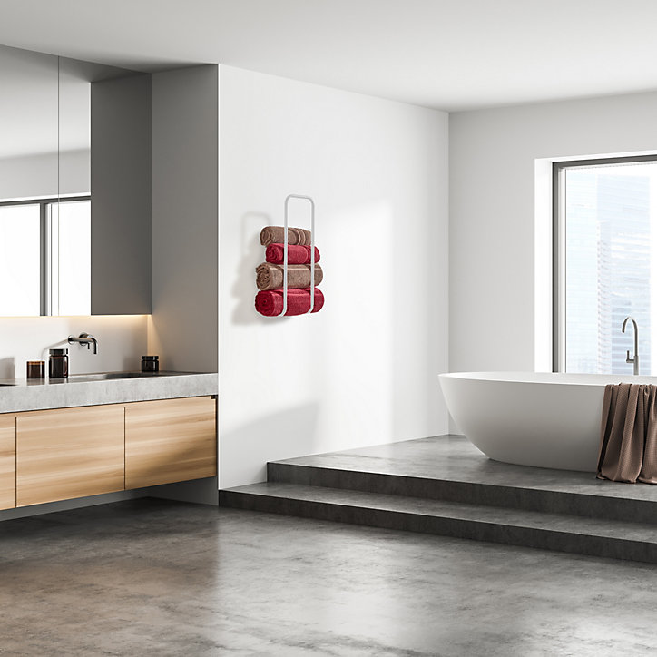 Porte serviettes mural en acier pour salle de bain coloris blanc pour 5 serviettes L.20 x P.15,6 x H.60 cm