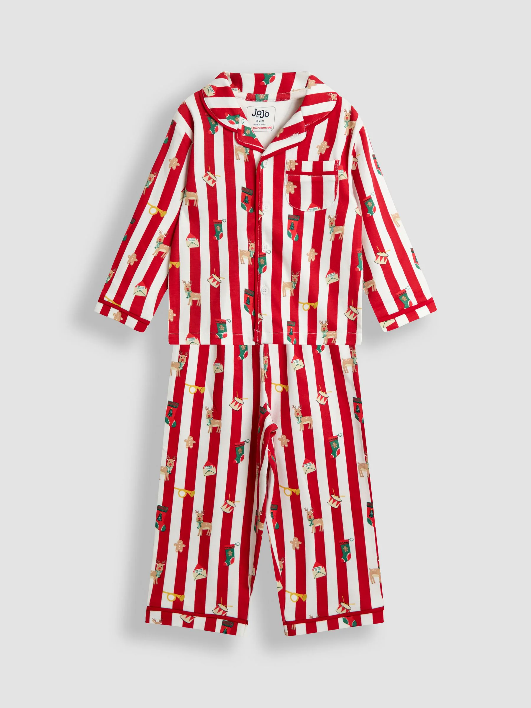 JoJo Maman Bébé Christmas Stripe Jersey Collar Pyjamas