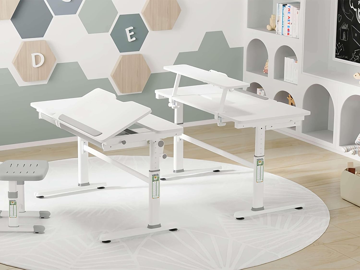 HOKO Kinderschreibtisch Höhenverstellbar, Schreibtisch Kinder 120x60 cm, Kinderschreibtische Kinder ab 6 Jahren, Neigbare Tischplatte mit Schubladen, Verstellbar 54-76cm (Weiß, ELIN)