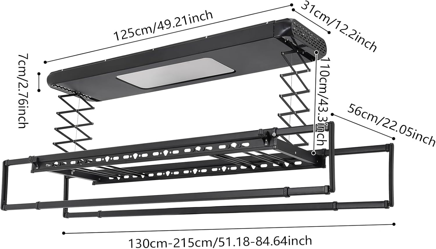 Elektrischer Wäscheständer Deckenmontage, Hebender Wäascheständer Decke mit Fernbedienung + LED-Beleuchtung, Kleiderstange 130-215 cm Einstellbare, 20m Fernbedienung (Schwarz)