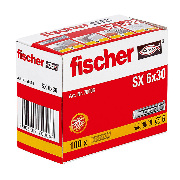 100 chevilles pour murs pleins Fischer Ø6x30mm