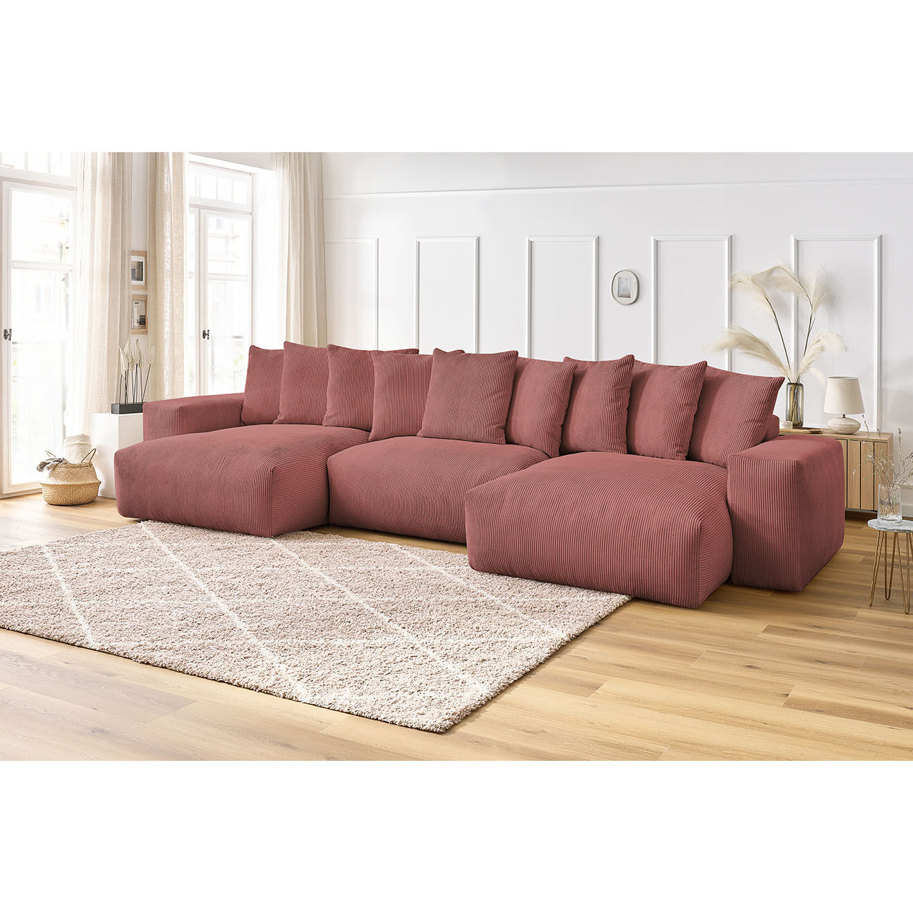 Bobochic Canapé panoramique fixe ultra moelleux voltaire velours côtelé rose - 420x174x75 cm