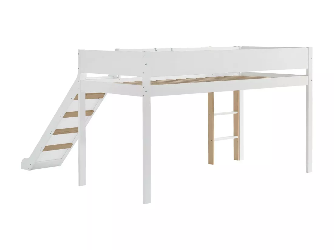 Lit mezzanine 90x200cm - étagère de rangement amovible - lit superposé avec toboggan et escaliers - Pin massif et MDF - Blanc