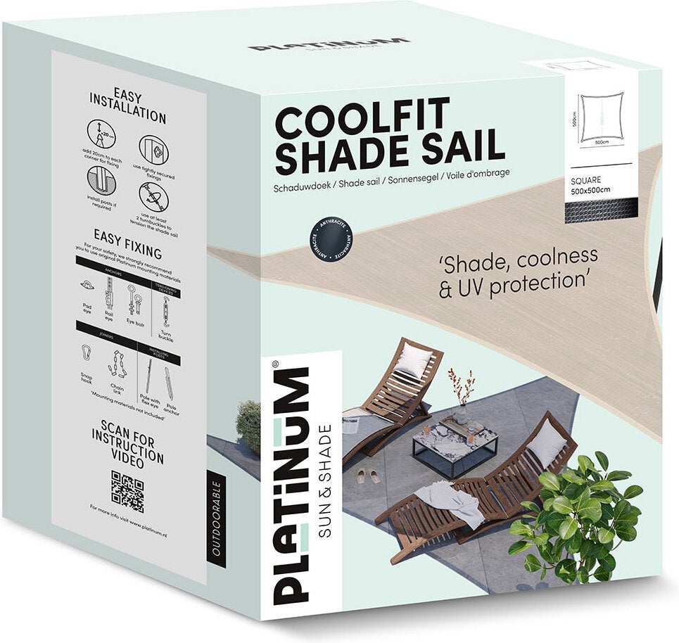 Platinum schaduwdoek vierkant Sun & Shade Coolfit grijs 500 x 500 cm
