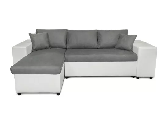 Canapé d'angle réversible Mady bimatière gris/blanc avec coffre accoudoir étagère et poufs droit - L254 x P146 x H81cm - Loungitude