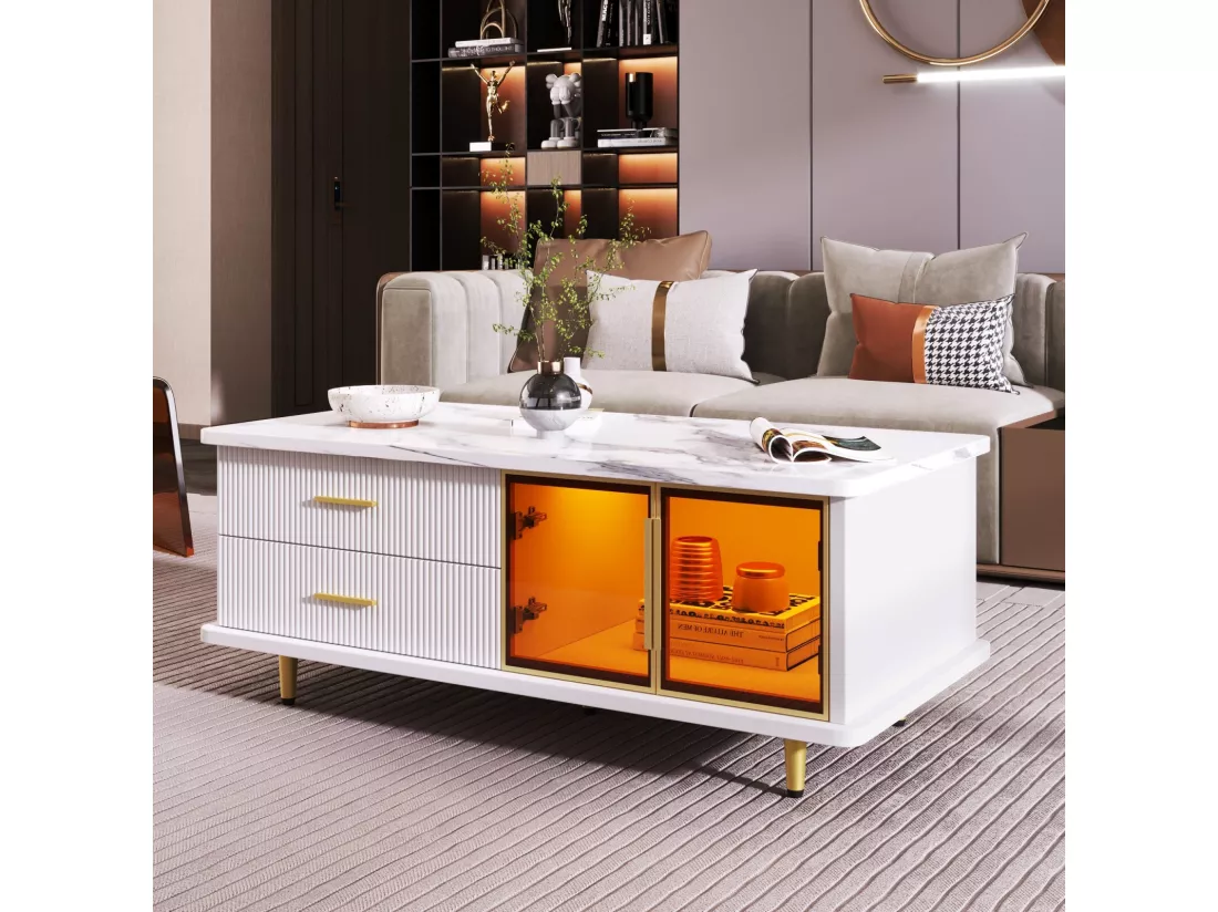 Ensemble Table basse + Meuble TV avec LED 4 tiroirs et 1 niches, plateau de table avec structure en marbre
