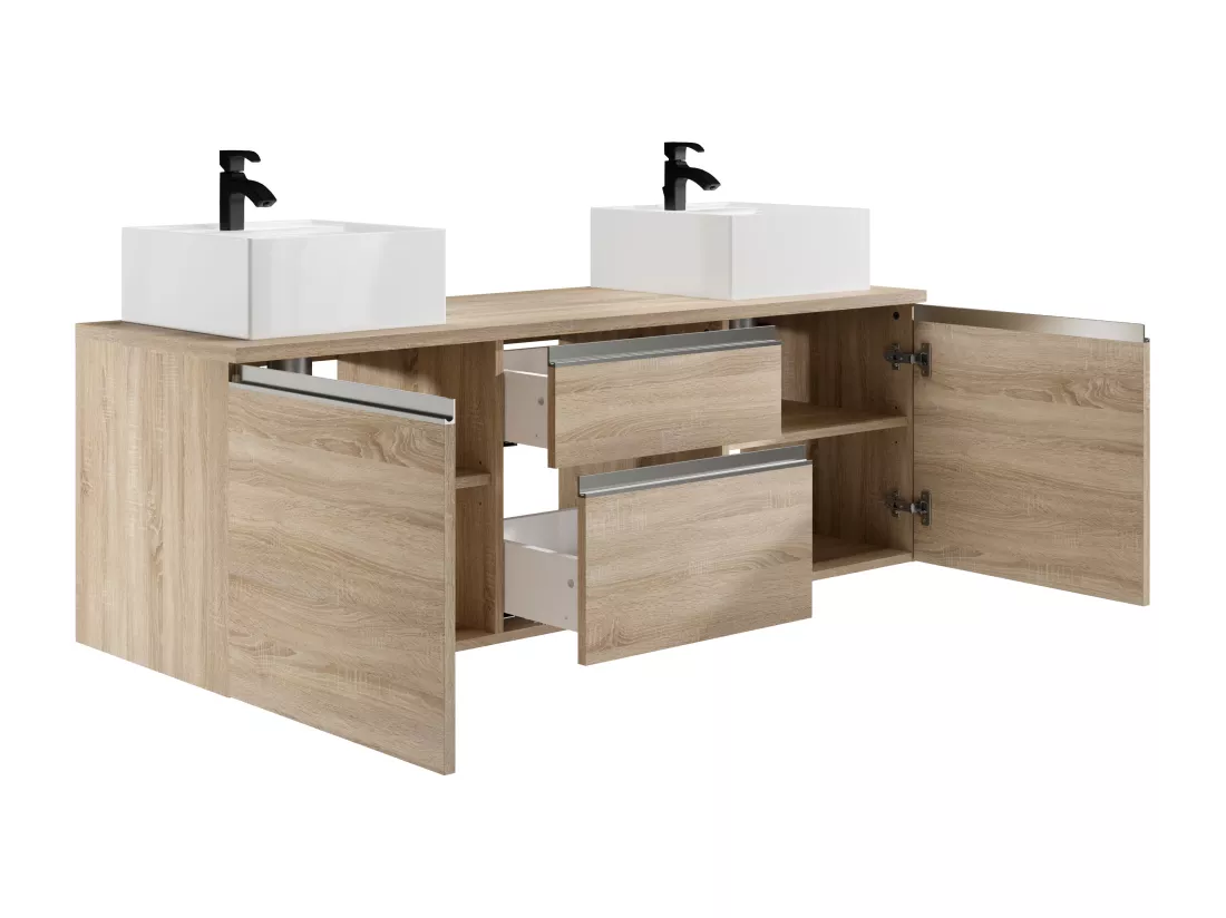 Meuble de salle de bain suspendu avec double vasque - Naturel clair - 150 cm - JIMENA II