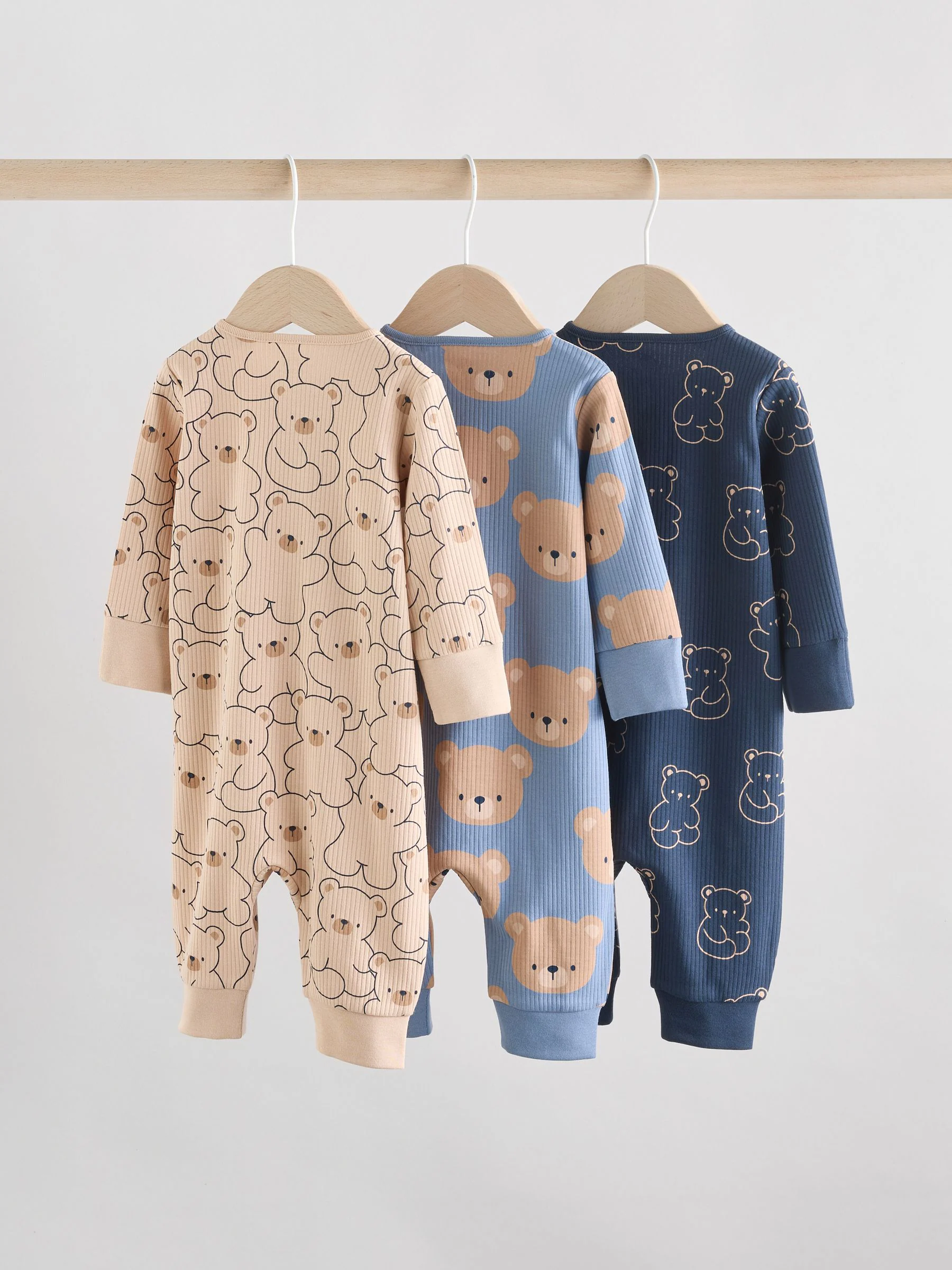 Bruin/donkerblauw - Set van 3 baby pyjama's zonder voetjes met tweewegrits van katoen (0mnd-3jr)