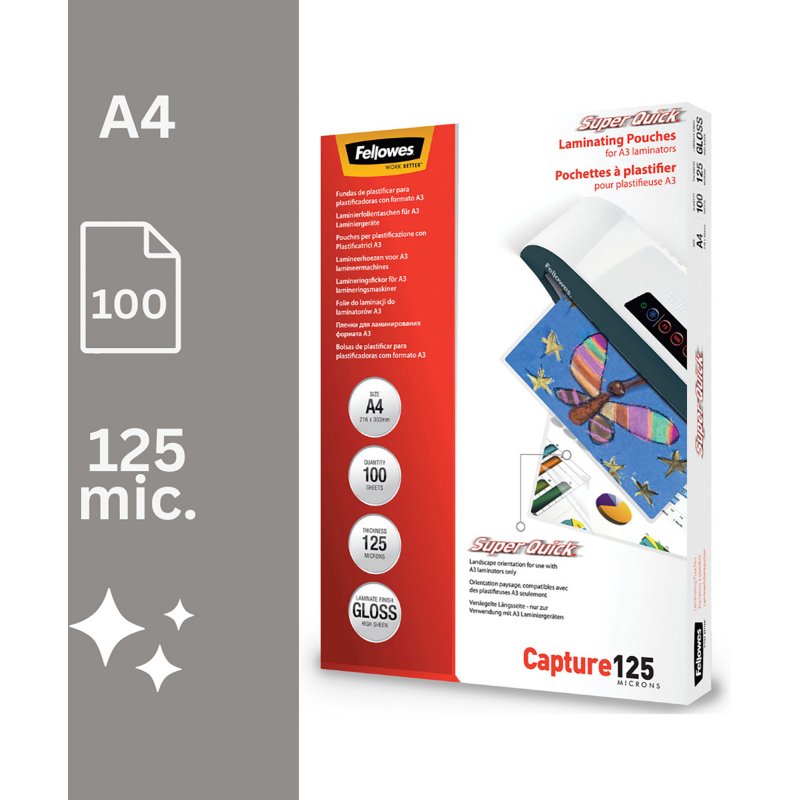 Pochettes de plastification SuperQuick Fellowes A4 2 x 125 µ brillantes - Boite de 100