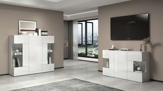 INOSIGN Highboard »Egypt, Highboard, Hochschrank, Hochkommode, Vitrine« mit 3 Türen davon 2 mit Glaseinsatz,kompl. Hochglanz lack.,Breite 135