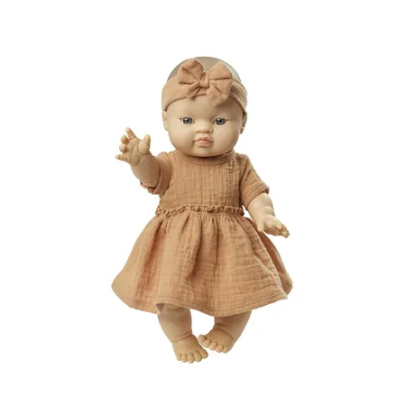 Heless Puppenkleid aus 100 % Bio-Baumwolle mit Rüschen und Haarband, karamell, 2-teilig, Gr. 28-35 cm