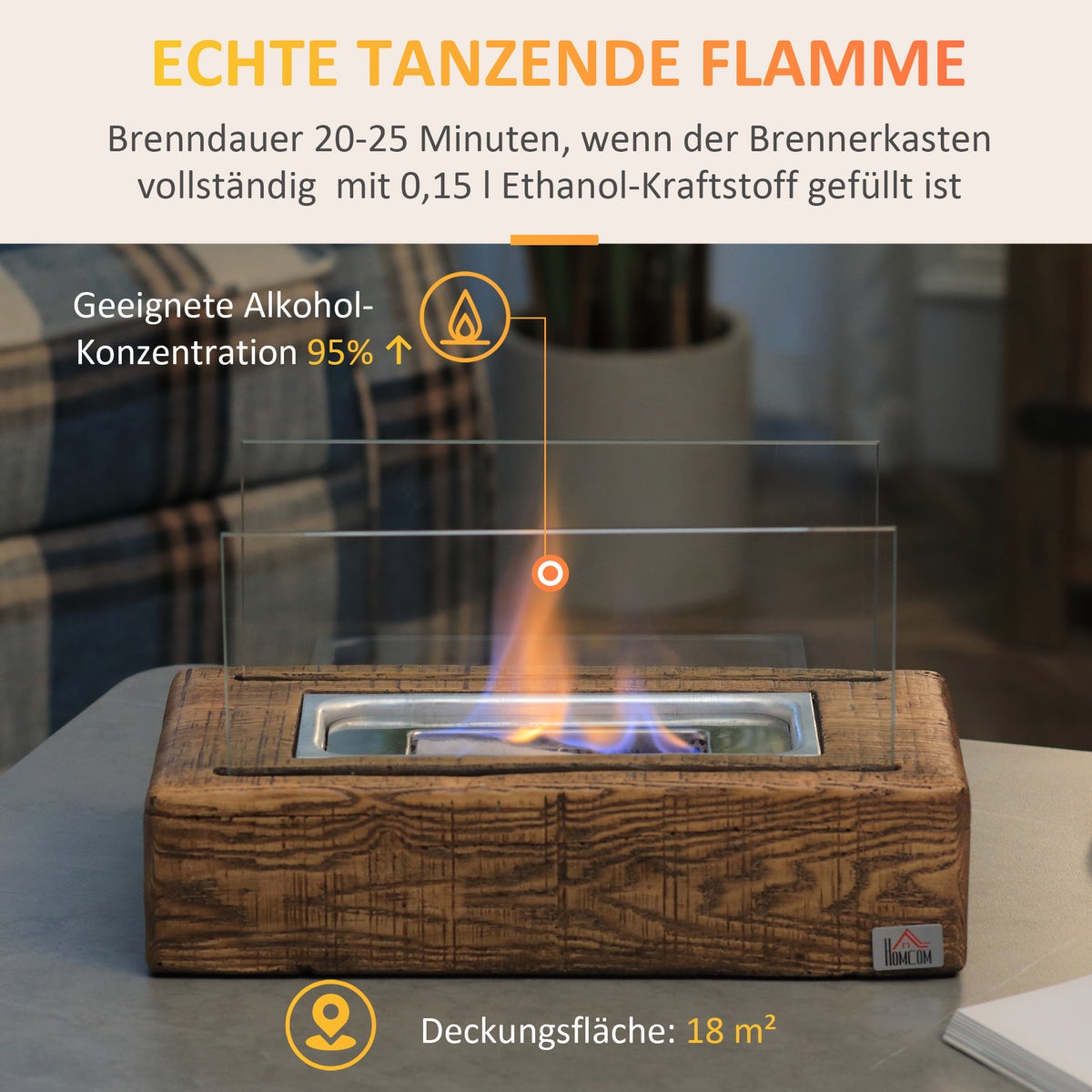 HOMCOM, Ethanolhaard, Bio-Ethanolbrander, 33L x 16B x 18H cm, Beton, Roestvrij staal, Natuurlijk hout