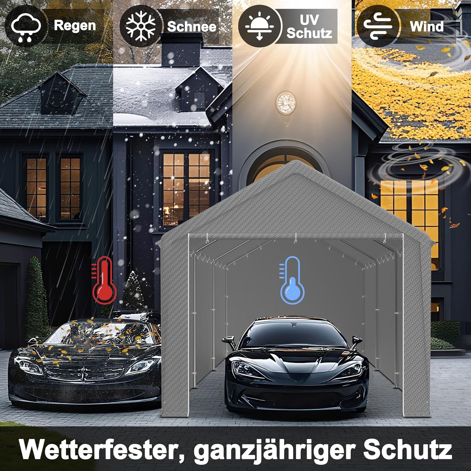 Lagerzelt 3x6 m mit PE-Dach Industriezelt PVC Wasserdichter Reißenresistenter Carport Garagenzelt für Auto, SUV, LKW, Boot&Mobile Lagerung-Grau