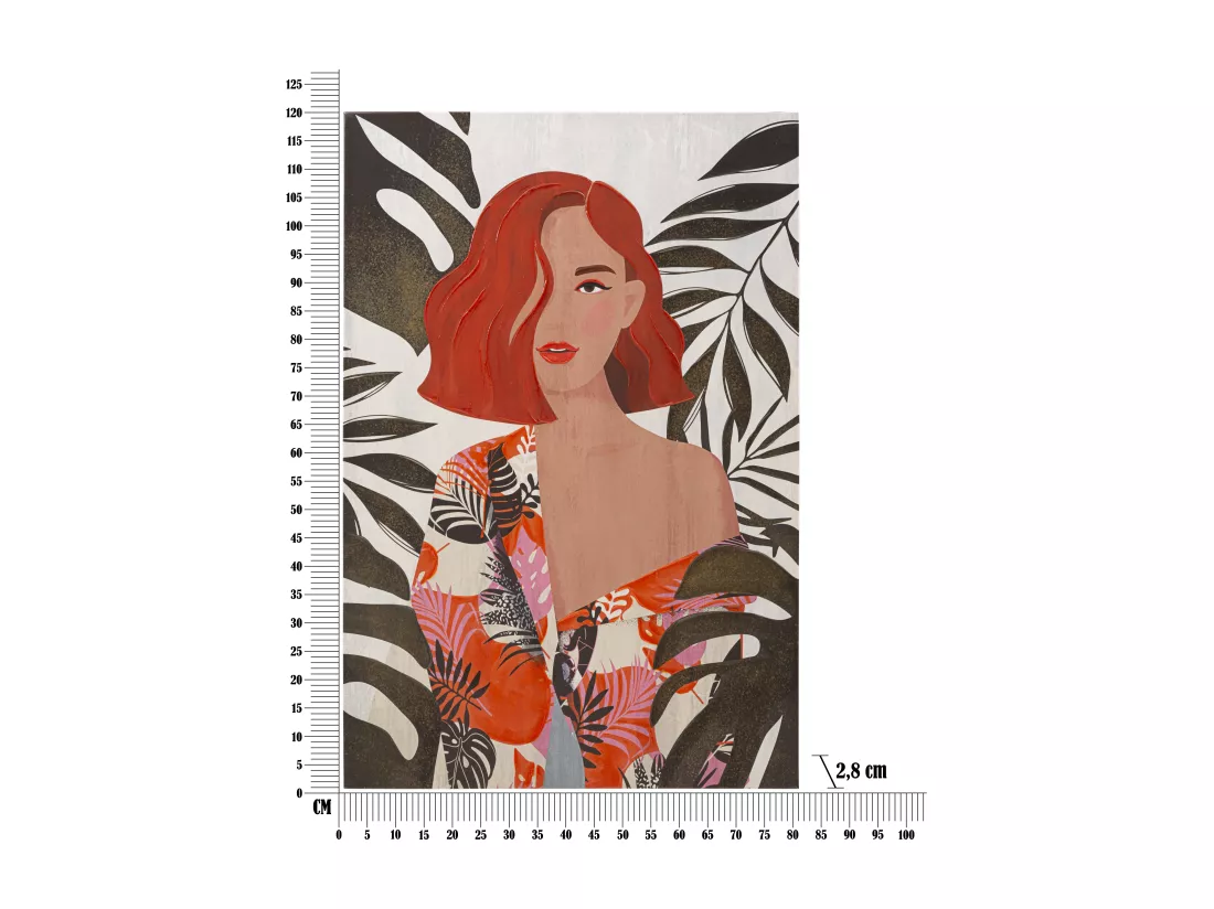 Tableau multicolore femme avec feuilles 80x2,8x120 cm