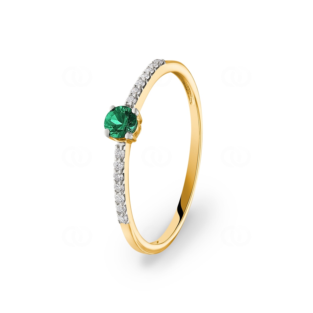 Damenring 750/18 K Gelbgold mit Smaragd rund & Diamanten 0.07 ct H/si