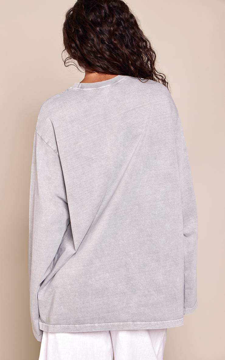 Gris T-shirt Oversize En Coton Délavé À L'acide À Manches Longues