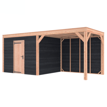 Tuinhuis met overkapping Douglas hout Zweeds rabat onbehandeld zwart 595 x 255 cm