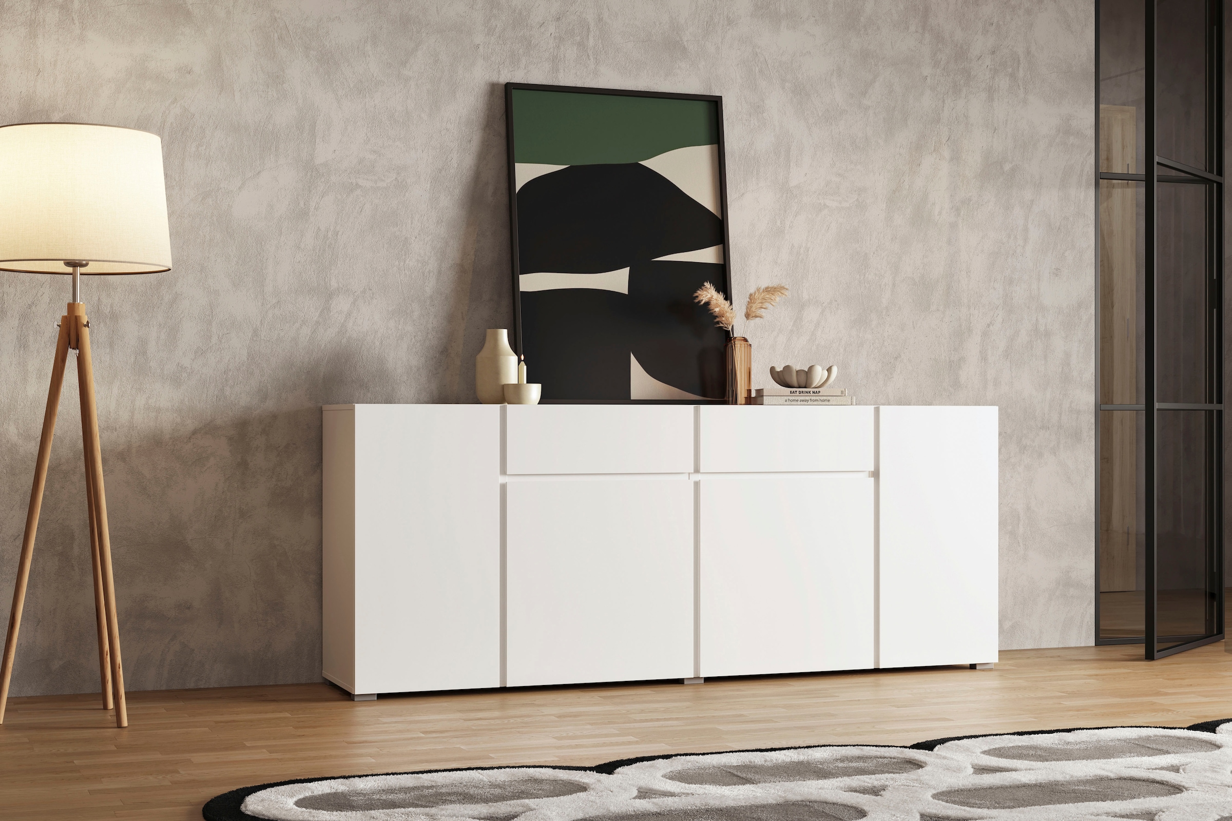 INOSIGN Sideboard »Metric,Breite 195 cm, grifflose Kommode 4 Türen/2 Schubkästen« Schubladenschrank mit viel Stauraum, Einlegeböden verstellbar