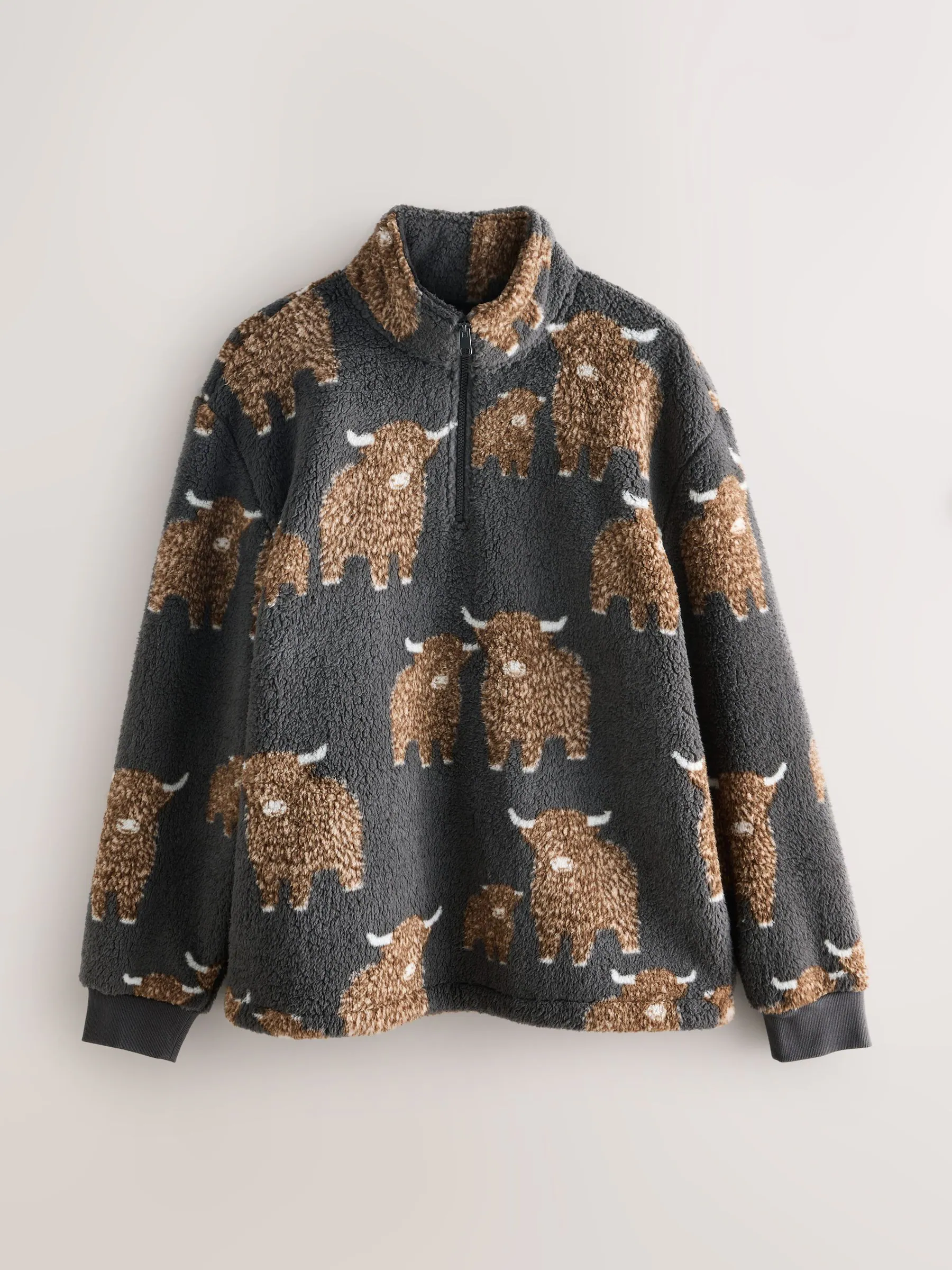 Antraciet - Hamish The Highland Cow Matching Family borg fleece met ritssluiting bij de hals