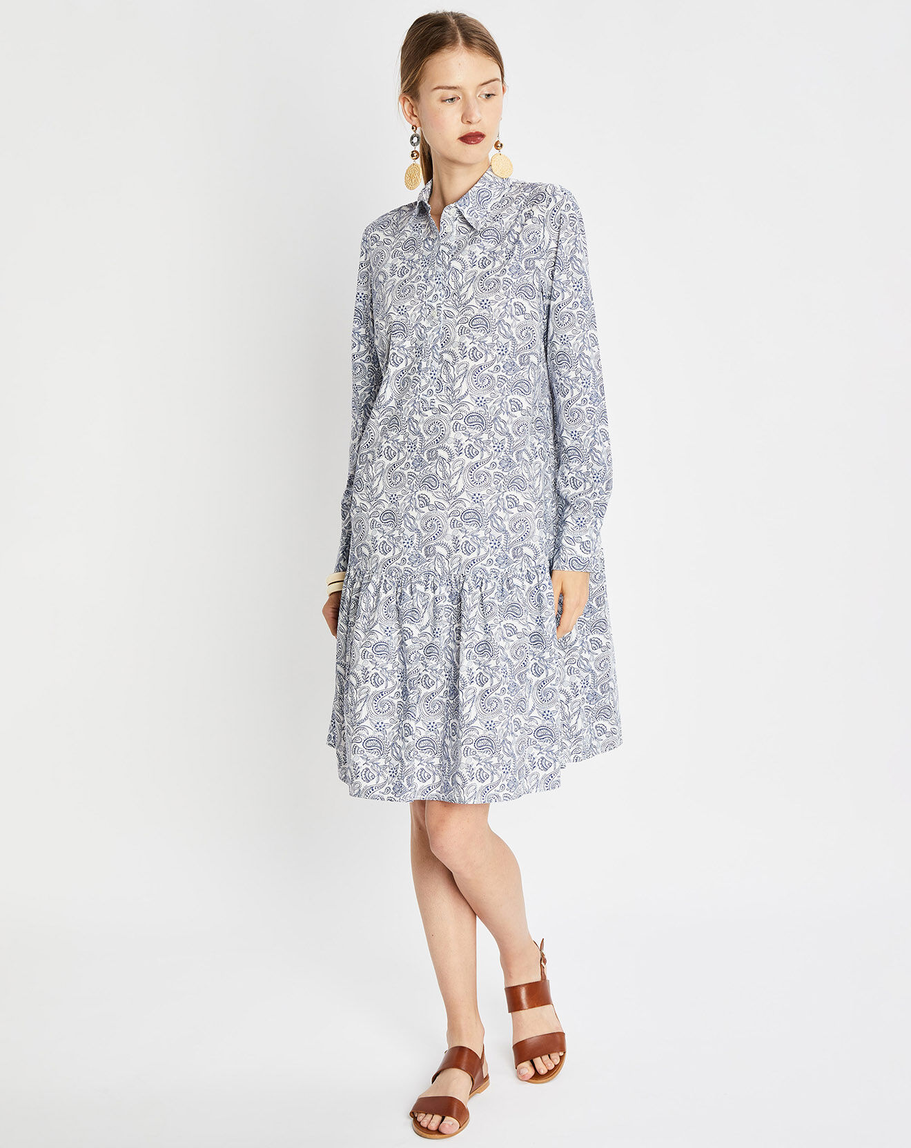 Marc O'Polo Robe chemise à volant imprimée bleu/blanc