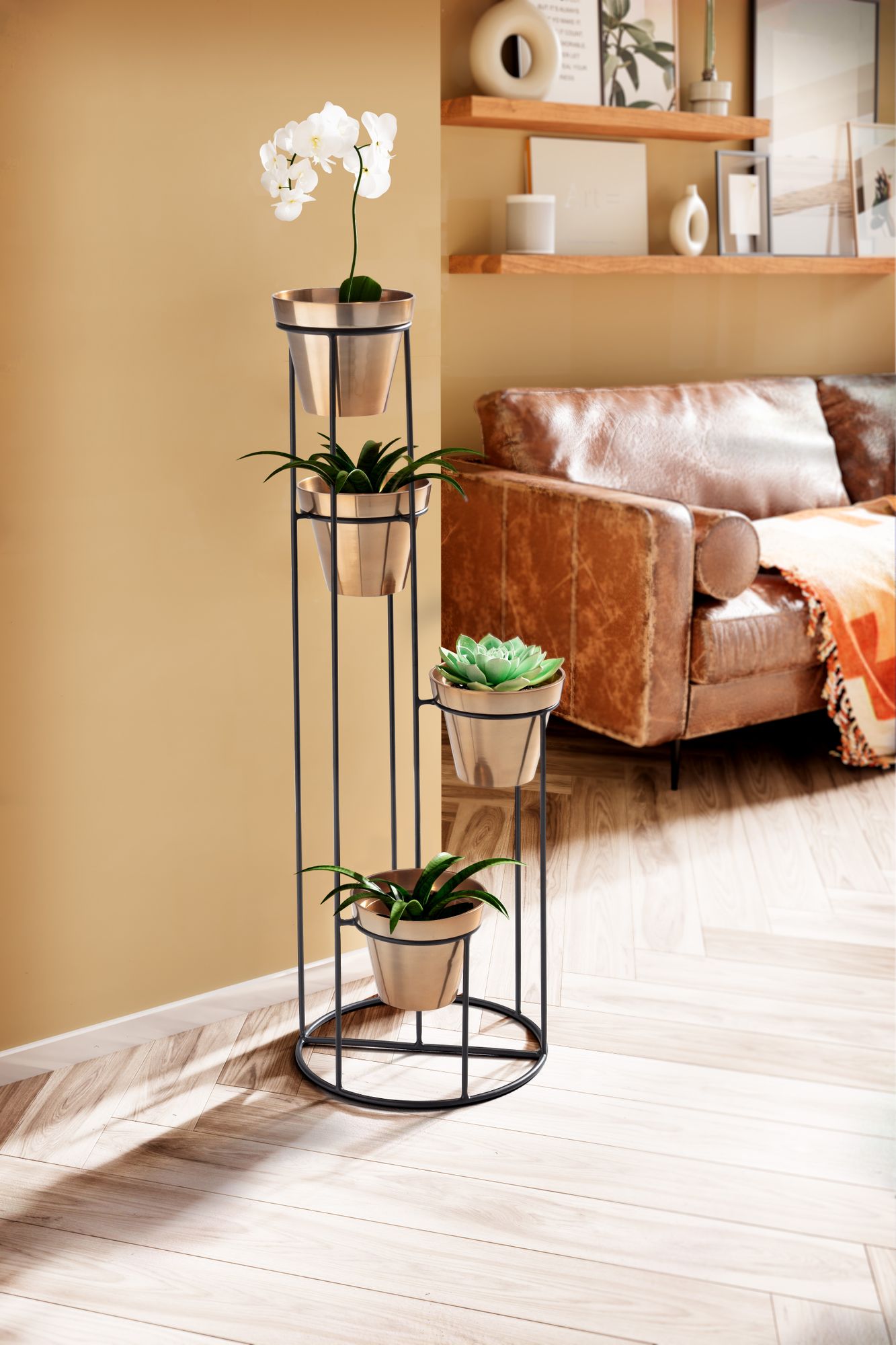 KADIMA DESIGN Eleganter Blumenständer in Gold/Schwarz, 40x109x40 cm, mit 4 Töpfen
