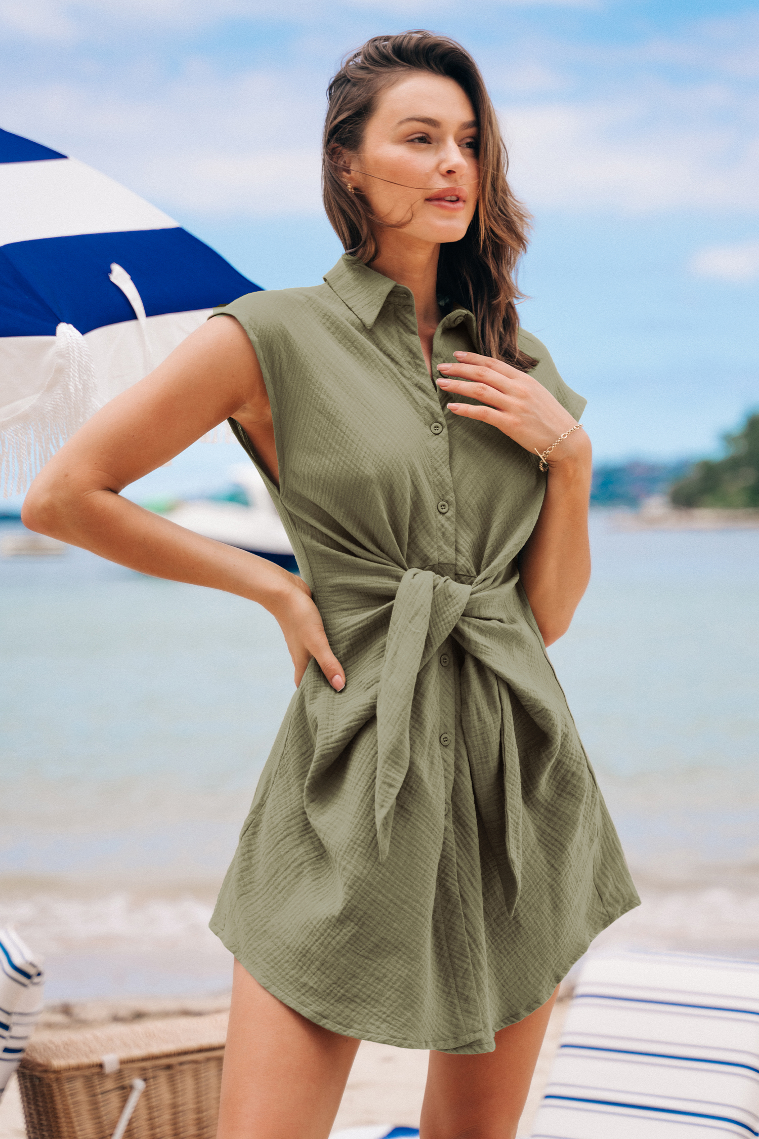 Robe cover up en pur coton avec boutons à nouer à la taille