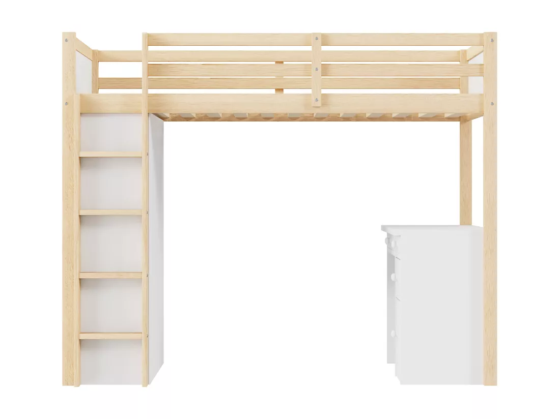 Lit mezzanine 90x200 cm - avec meubles de rangement et un bureau - en bois massif - Naturel