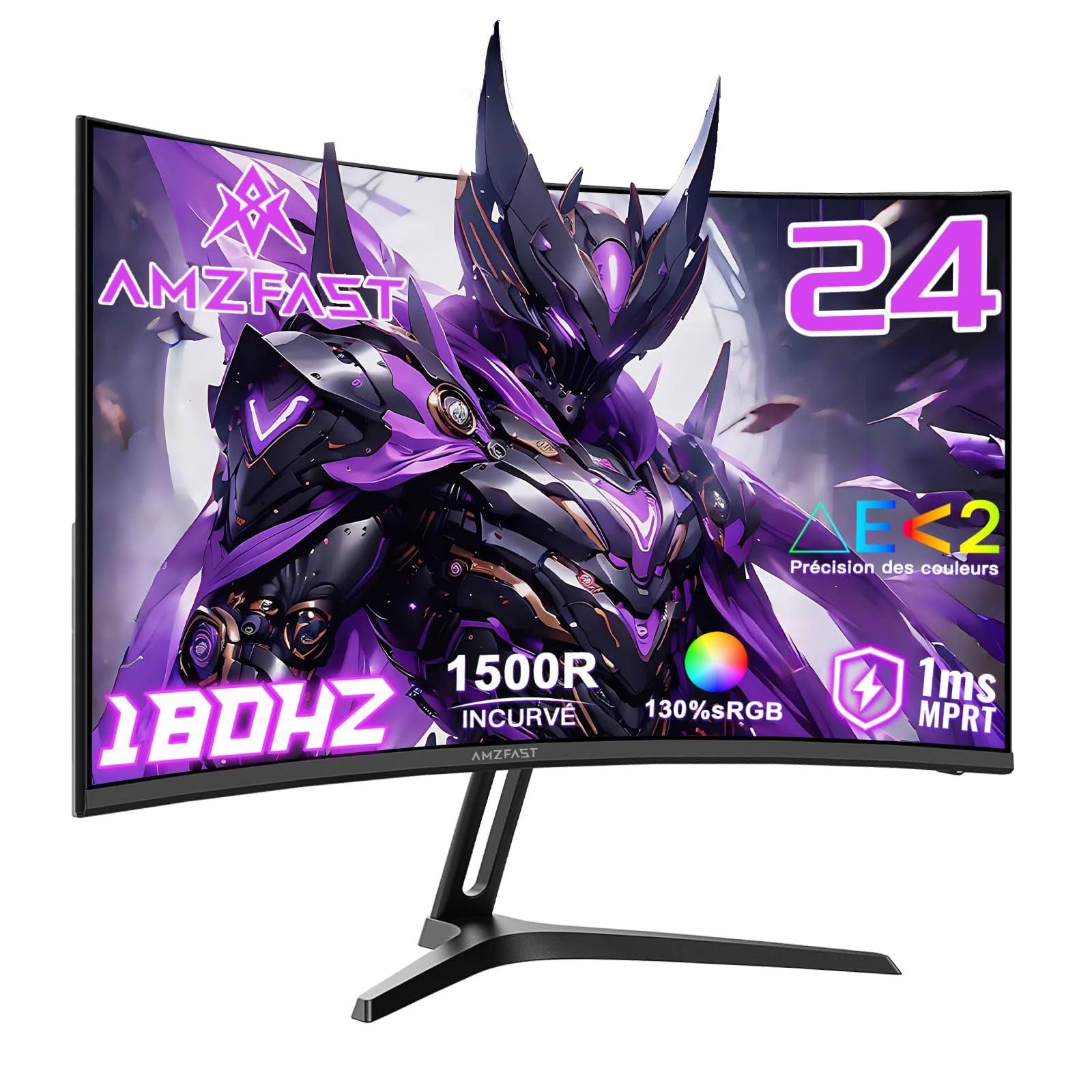 Amzfast Écran PC Gamer Incurvé 24 Pouces - 180Hz, FHD 1920x1080, sRGB 130% / DCI-P3 97%, 1 ms MPRT, Anti-Lumière Bleue, Adaptive Sync, HDMI 1.4 + DP