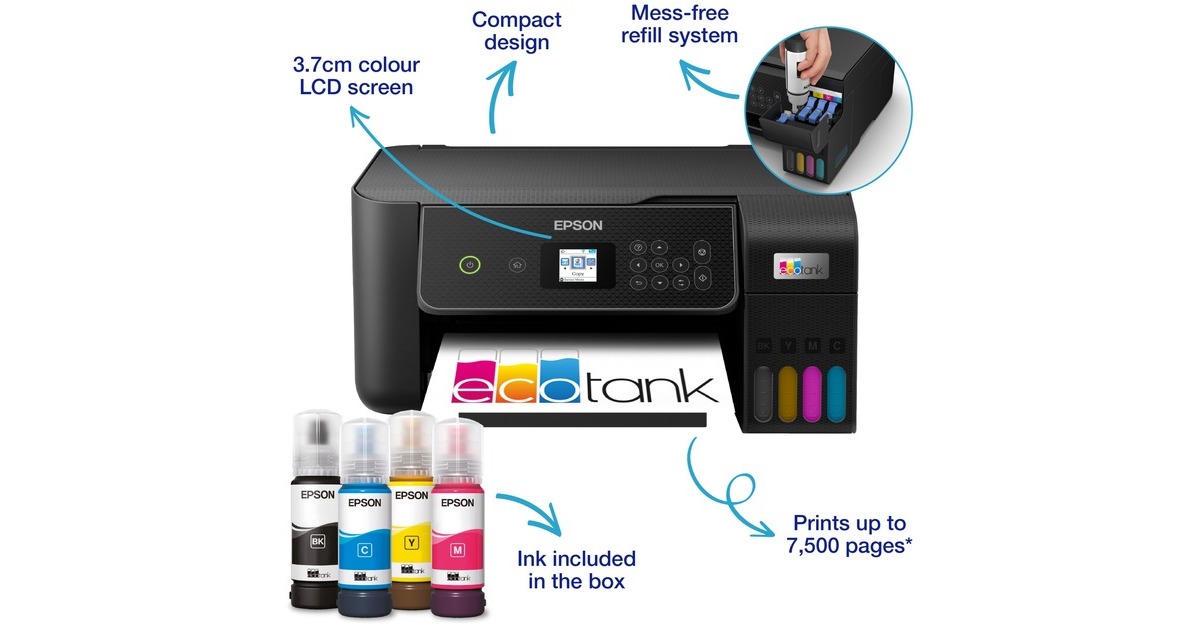 EpsonEcoTank ET-2870 A4 multifunctionele Wi-Fi-printer met inkttank all-in-one inkjetprinter  (Zwart, Scannen, Kopiëren, inclusief tot 3 jaar inkt)