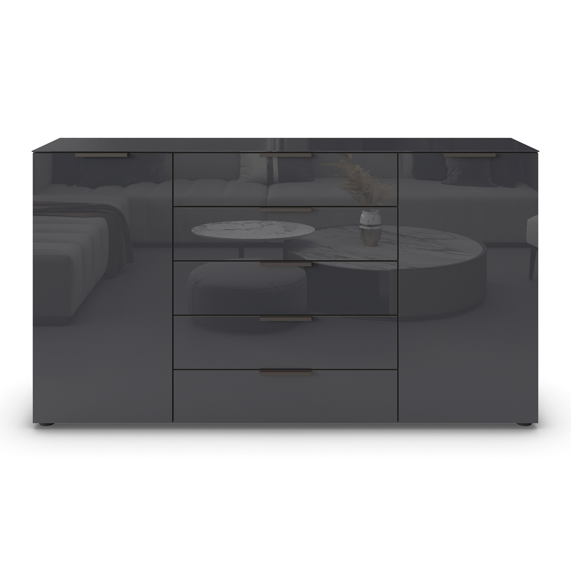 Kommode - graphit-Basaltglas - Graphitgriffe - 180 cm