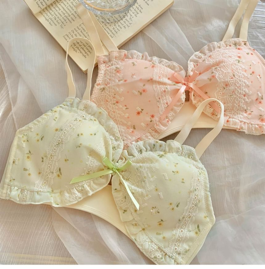 Nabla - Beha/slip/set met bloemenprint en ruches en smokwerk