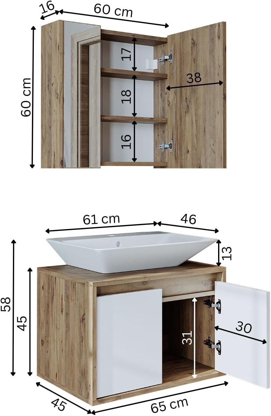 • Badmöbel Set • Atlantic • 3-teilig • Keramik Waschbecken mit Unterschrank 65 cm, Spiegelschrank 60 cm (Weiß - Eiche, 65 cm)